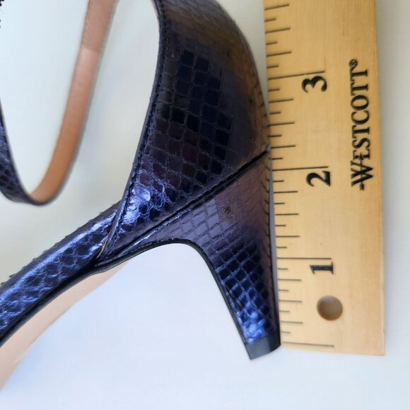 J Crew Collection Pointed-Toe Kitten Heels Metallic Navy Snake Ankle Strap 8.5 - Picture 10 of 11